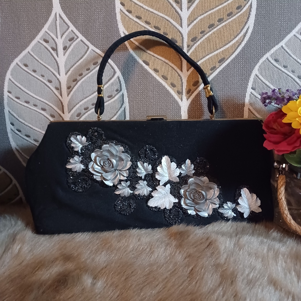 Vintage CARON of Houston Texas 1960's Black Silver Flowers Black Sequins Bag
